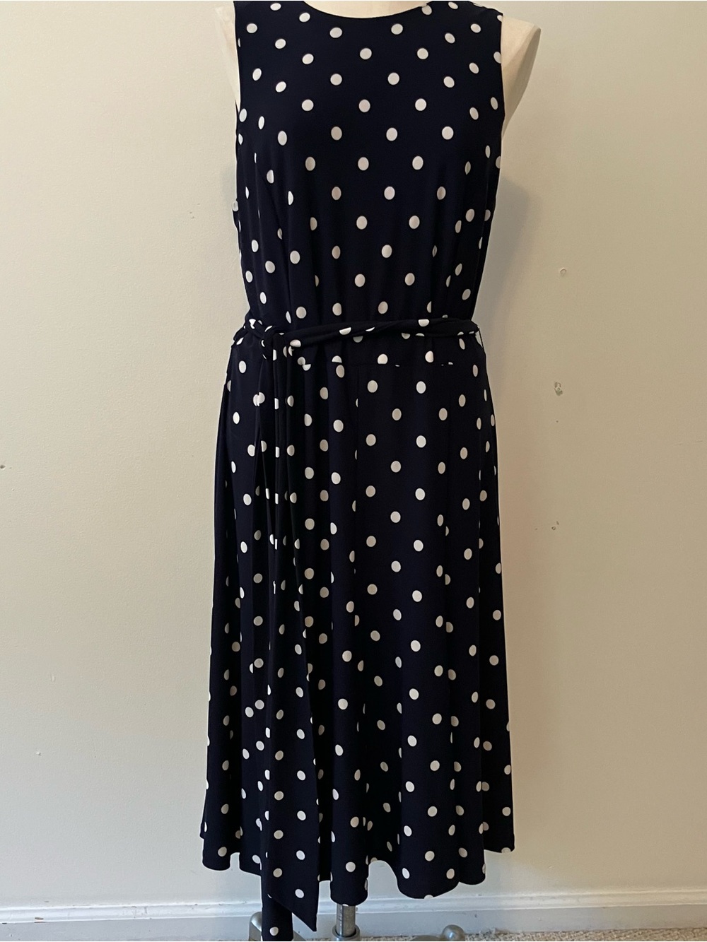 Lauren Ralph Lauren Polka Dot Midi Dress Sz 12 Navy White Tie Waist Sleeveless